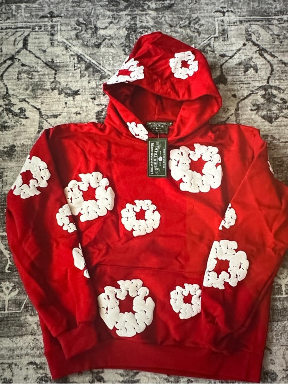 Red Graphic Hoodie with White Floral Rings - Unbranded